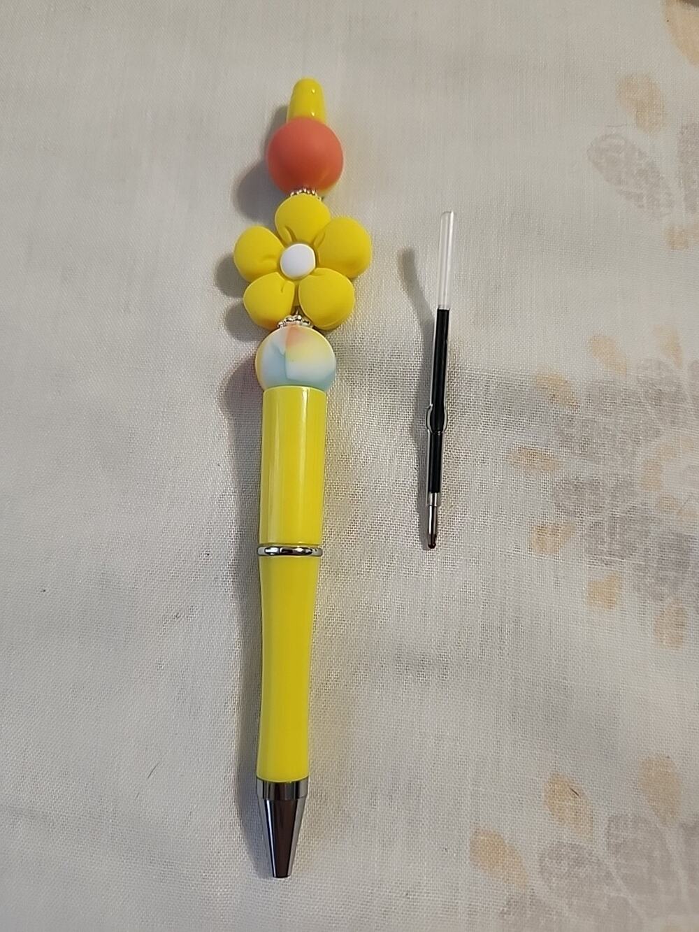 Bead Pen Flower Silicone Beads Yellow Orange Extra Ink Cartridge